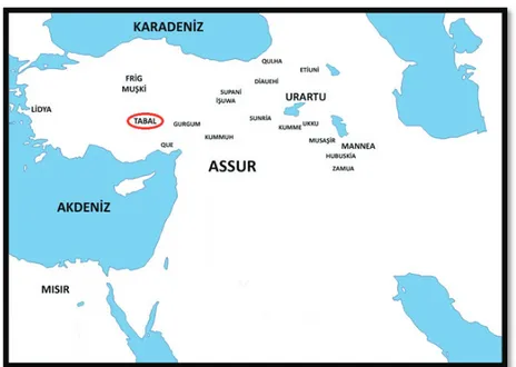 Şekil 1. Demir	Çağı’nda	Anadolu	ve	Mezopotamya	Coğrafyalarındaki	Politik	Güçlerin	Dağı- Demir	Çağı’nda	Anadolu	ve	Mezopotamya	Coğrafyalarındaki	Politik	Güçlerin	Dağı-lımı	(Harita	Tarihçi	Erol	Yılmaz	tarafından	çizilmiştir)	 Yukarıda	ifade	ettiğimiz	üzere	T
