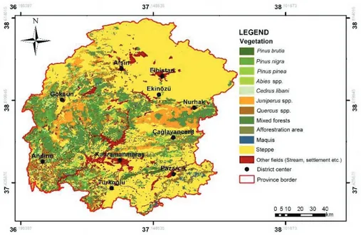 Figure 2. Vegetation map of Kahramanmaras Province (Kahramanmaras Regional  Directorate of Forestry was prepared in 2014, drawn from the Amenajman Plan)