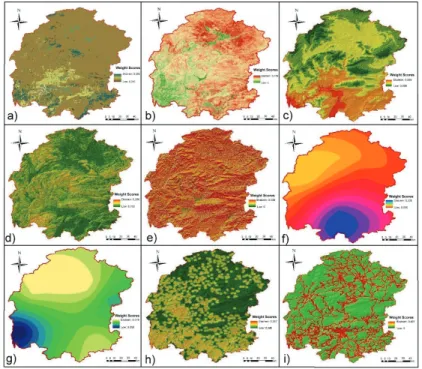 Figure 3. Variables affecting forest fire: a) vejatation, b) NDVI, c) altitude, d) slope,  e) aspect, f) temperature, g) precipitation, h) settlement distance, i) road distance.