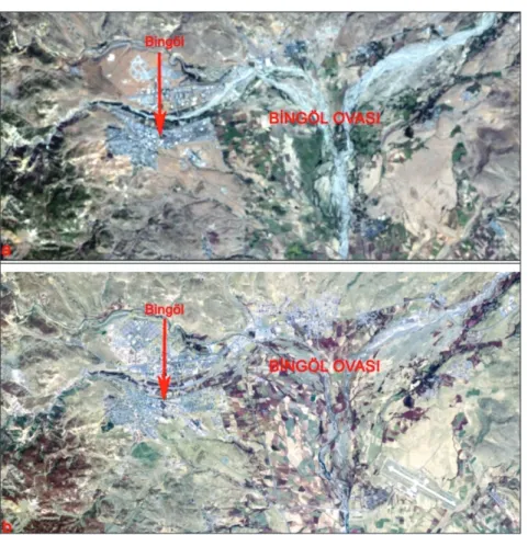 Şekil 2. Bingöl Ovası ve çevresine ait uydu görüntüsü a-Landsat 7 (12/09/2000) 3-2-1 bant 