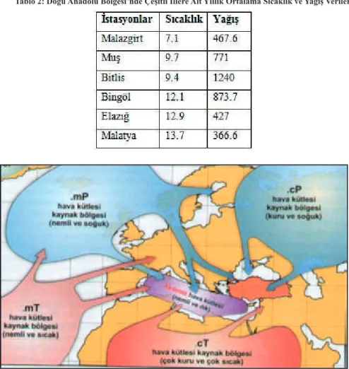 Tablo 2: Doğu Anadolu Bölgesi’nde Çeşitli İllere Ait Yıllık Ortalama Sıcaklık ve Yağış Verileri