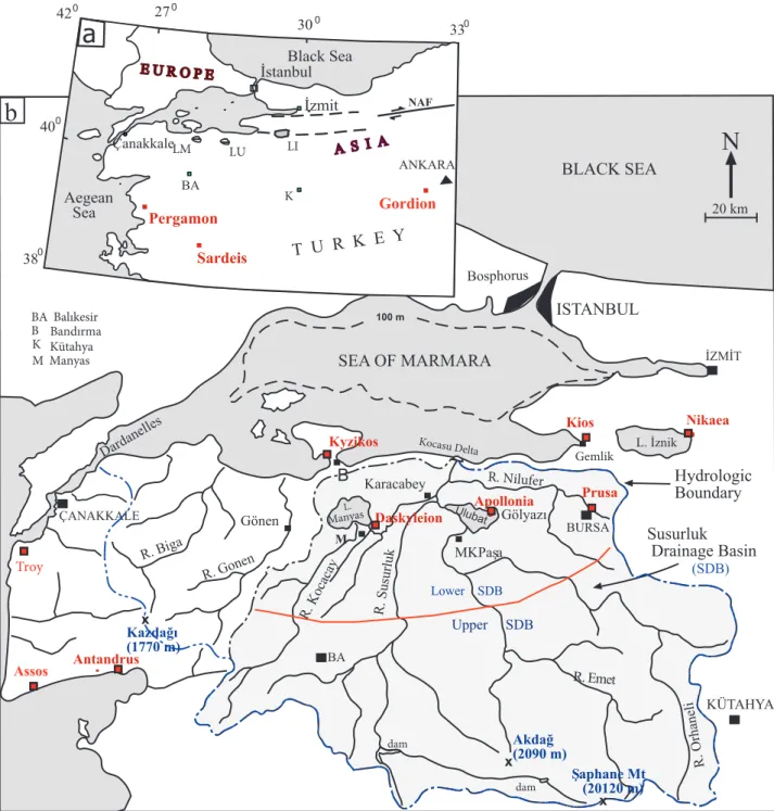 Figure 1. Site location. a) Location of southern Marmara lakes and some historical settlements