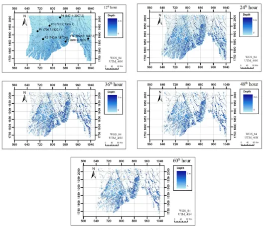 Figure 7. Flood depth images obtained for different simulation times. Figure 7. Flood depth images obtained for different simulation times.