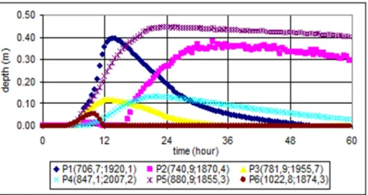 Figure 9 shows flood depth curves obtained for these pixels. Note that the changes of water depth can be used to evaluate the outflow hydrographs