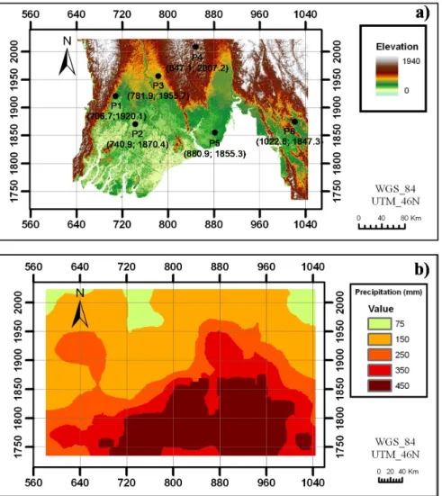 Figure 4. Topography and precipitation pattern along the study area; (a) digital elevation model  (DEM); (b) Cumulative rainfall during Nargis