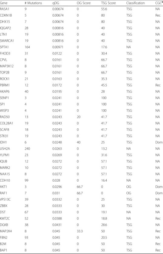 Table 2 Significantly mutated genes in tumor samples of 510 patients with LUAD. The genes were classified as oncogene (OG) and tumor suppressor gene (TSG) based on their scores and