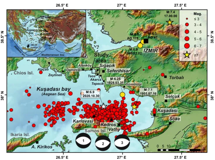 Fig. 1    Sığacık is located in the eastern part of central Aegean. The  30 October 2020 earthquake occurred north of the Samos island and  triggered a tsunami effecting the coastal settlements in the Kuşadası  bay