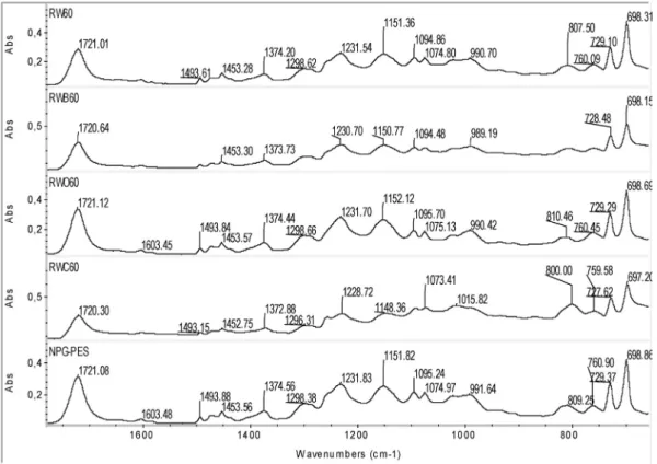 Fig. 2. FTIR spectra of 60% reinforced composites and NPG-PES.