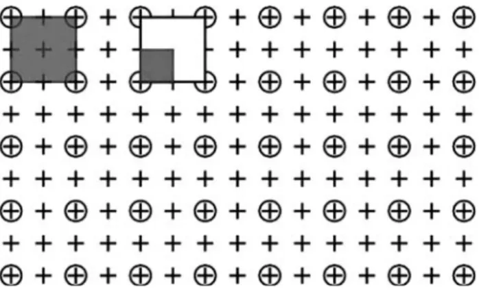 Fig. 1 A combined point-counting grid with 1/4 area fraction. While an encircled cross represents a large area, each cross without regarding the encircle represent 1/4 fraction of the large areas