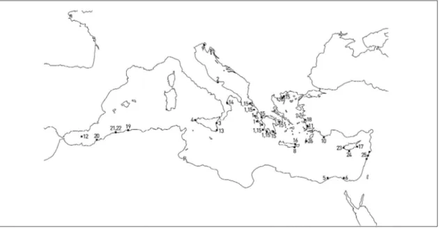 Fig. 1: Locations of records of new species in the Mediterranean Sea presented in “New Mediterranean Biodiversity Records 