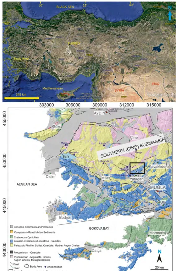 Fig. 1 Location map of the study area (Google Earth image) including general geological map and the digital elevation model (modified from Okay 2001 ; Özer et al