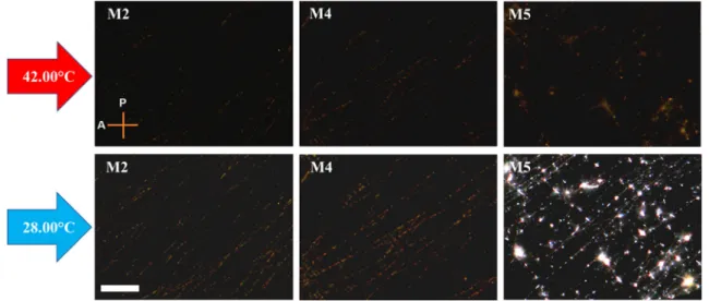Fig. 3 Optical textures of M2, M3, and M5 samples taken between crossed polarizer and analyzer are given in order to observe the variation of birefringence depending on temperature