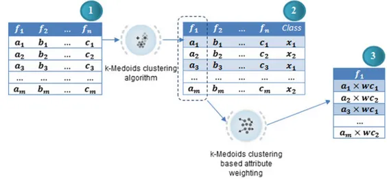 Fig. 2 Weighting of values of a feature (f 1 ) with kmAW