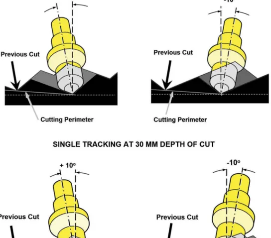 Figure 6. Conceptual drawings of the groove pro ﬁles of a vane pick at 30 mm and 15 mm theoretical depths for single tracking and multi tracking lacings at +10° and −10° skewed positions, respectively.