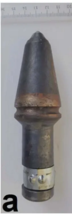 Figure 2. Types of point attack picks employed for underground investigations, (a) slender pick, (b) a pristine large-diameter pick, (c) a uniformly-worn large-diameter pick, (d) a prematurely-worn large-diameter pick, (e) a slender pick with broken shank.