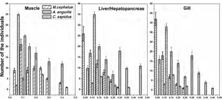 Fig. 3   The distribution of individual mean bioaccumulation index (IMBI) values in tissue of fishes and crab