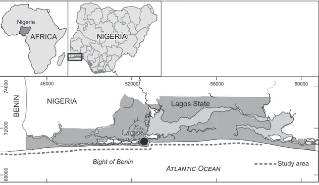 Figure 1: Location of the study area in the coastal region of southwestern Nigeria (coordinates are based on the UTM system)