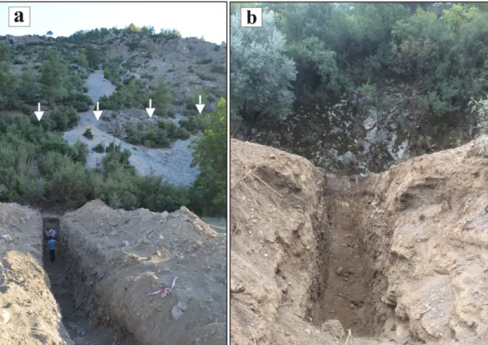 Figure 7. General view of: (a) BY-1 trench (white arrows indicate the marble fault scarp)