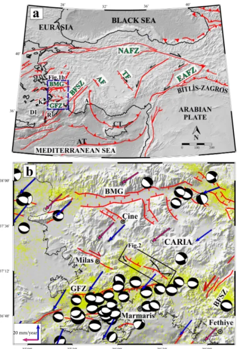 Figure 1. (a) Simplified neotectonic setting of Turkey and surrounding areas (Şengör et al., 1985, 2005, 2008, 2014; Barka, 1992; Emre 