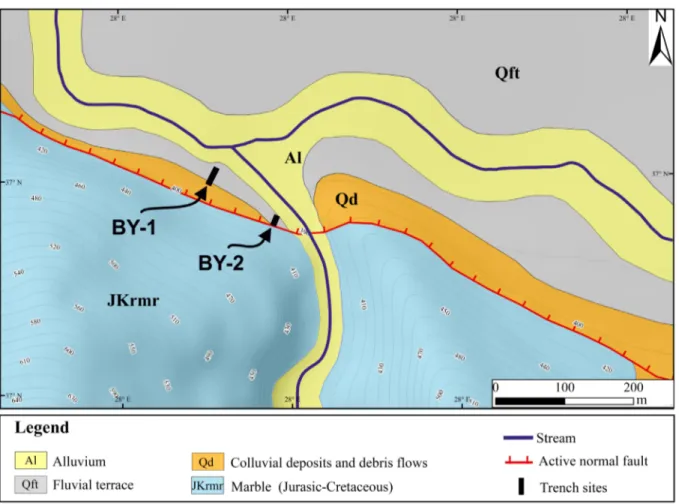 Figure 6. Geometry of the Yatağan Fault and the main geomorphological features of the Bahçeyaka trench site (contour interval 