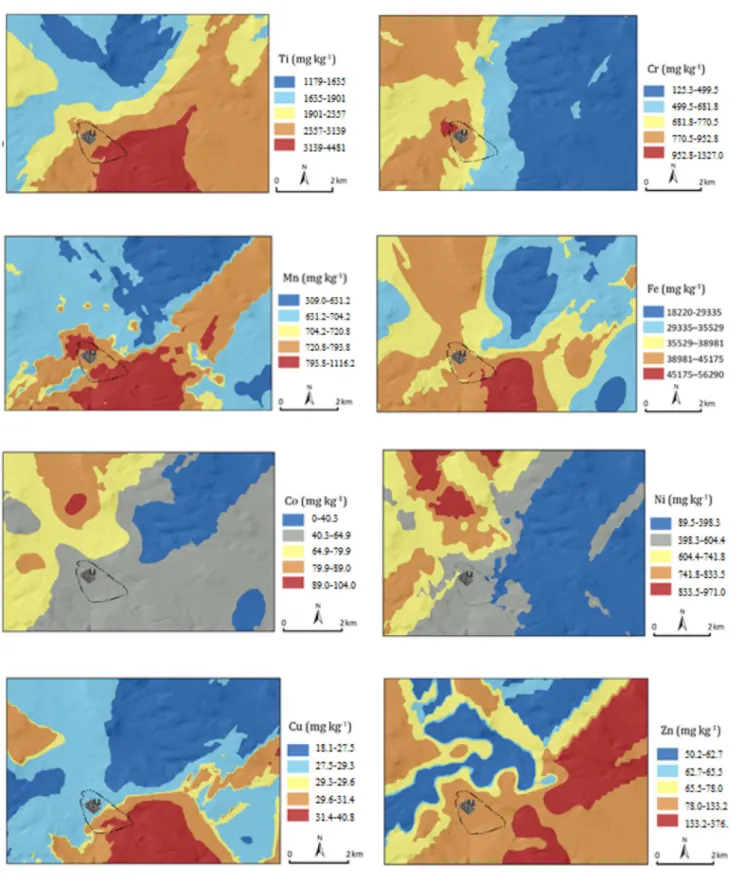 Fig. 2    Spatial distribution of metal concentrations in the soil samples