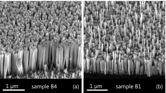 FIG. 3. Bird’s eye view SEM images of samples (a) B4 and (b) B1 grown at T S = 820 and 720 ◦ C, respectively