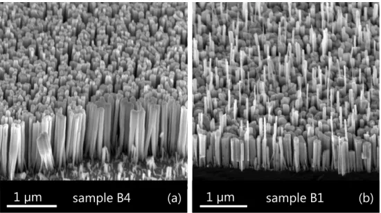FIG. 3. Bird’s eye view SEM images of samples (a) B4 and (b) B1 grown at T S = 820 and 720 ◦ C, respectively