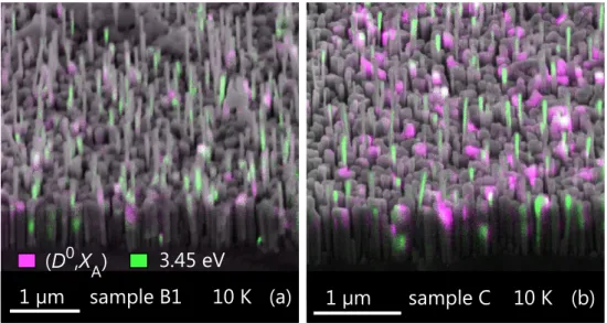 FIG. 4. Bird’s eye view SEM images superimposed with bichromatic CL maps of samples (a) B1 and (b) C acquired at 10 K