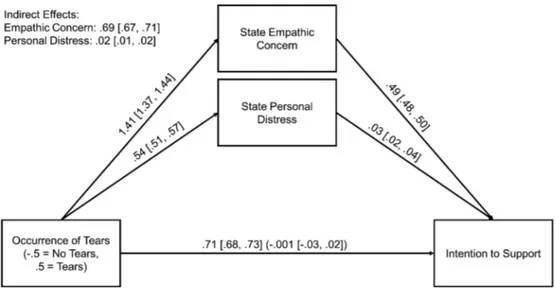 Fig. 5. Overview of parallel mediation of the relationship between occurrence of tears and support intentions