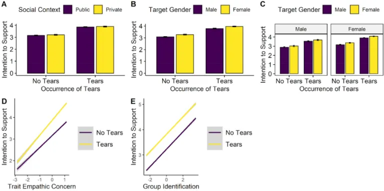 Fig. 7. Representations of (A) moderation of H1 (tear → social support intentions) effect by social context, (B) moderation of H1 effect by target gender, (C) three- 