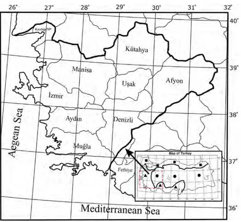 Figure 1. Aegean Region of Turkey  (■Euro-Siberian,  ●Irano-Turanian,  ▲Mediterranean 