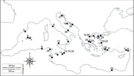 Figure 1. Map of the Mediterranean Sea, indicating locations where Lobotes surinamensis indi- indi-viduals have been recorded between 1968 and 2016 [Bini (1968) 1 , Economidis &amp; Bouchot  (1976) 2 , Palom (1991) 3 , Gücü &amp; Bingel (1994) 4 , Massuti 