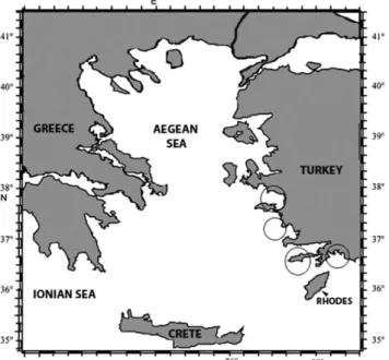Fig. 1. Map of South Aegean Sea indicating sampling areas (in circles)