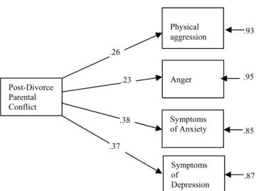 Figure 1.  Path coefficients between post-divorce parental conflict and physical aggression, anger, 