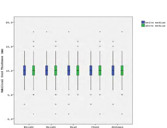 Figure 2. The differences in the umbilical cord diameter in the newborns with lower and higher birth weight, chest circumference, abdominal circumference and head circumference.