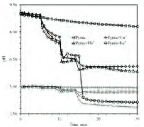 Fig. 3 Effect of metal ions on the pH of solution (Py: pyrite) Fig. 3. Wpływ jonów metali na pH roztworu (Py – piryt) 