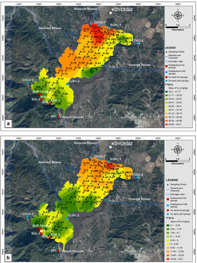 Fig. 2    Spatial distribution of ten elements in the sediments of Köyceğiz Lake: a Cu, b Pb, c Zn, d Ni, e Cr, f Co, g Mn, h Mo, i Al and j Fe