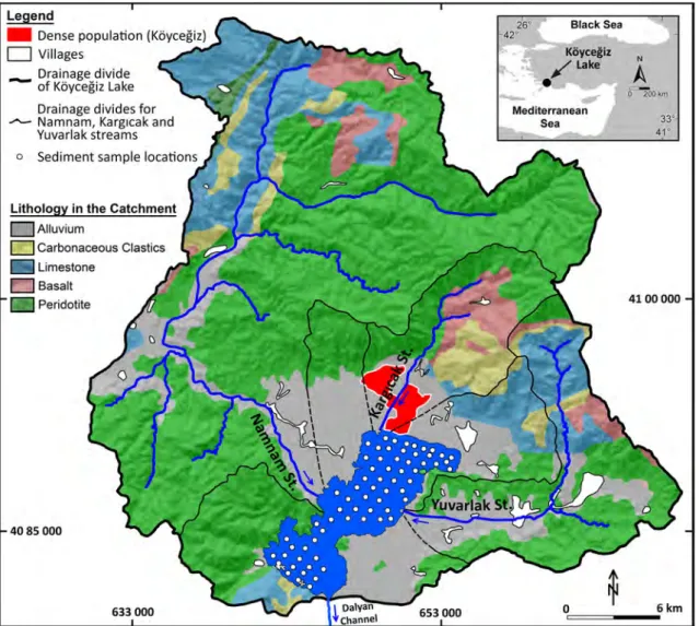 Fig. 1    Map showing the distribution of lithological units and settlements in the catchment of Köyceğiz Lake, as well as the sediment sampling  locations within the lake (modified from Şenel 1997)