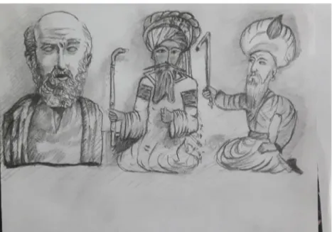 Fig. 1 The fathers of medicine: Hippocrates (460 –370 BC) (left), Ibn Sina (980 –1037) (center), and Şerefeddin Sabuncuoğlu (1385– 1468) (right), suggesting the COVID-19 measures in the the world in the past (a drawing of the fathers of medicine was produc