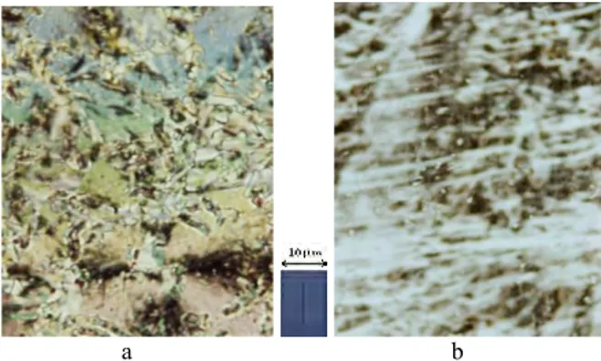 Fig. 1. Typical textures of nematic mesophase in BPHB.  Crossed polarizers; Magnification x100; – Temperature 