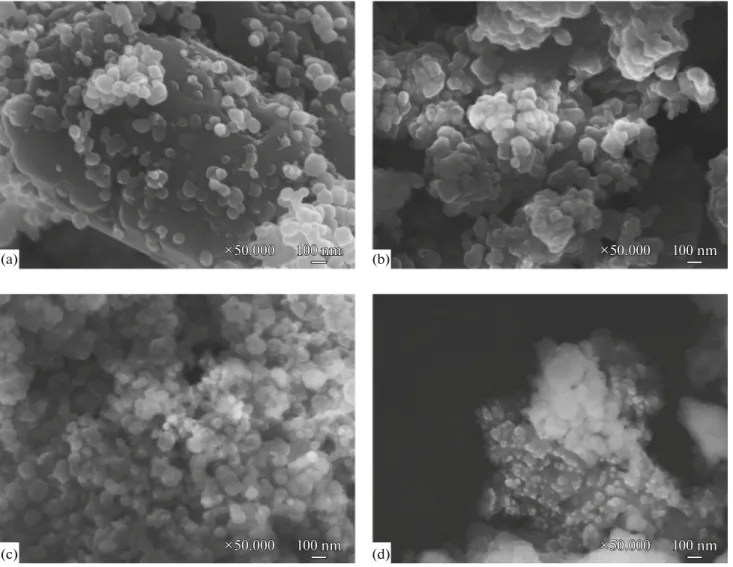 Fig. 1. SEM images of ZnO (a), Mg 2 Zn 5  (b), Mg 5 Zn 5  (c) and Mg 8 Zn 5  (d) composites