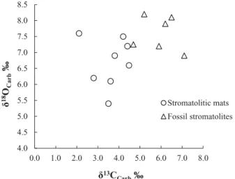 Figure 13. C and O isotope composition of the living and fossil stromatolites. d 18 O value of groundwater ( n ¼ 3) d 18 OGW, 8&amp; and d 18 O value of lake water