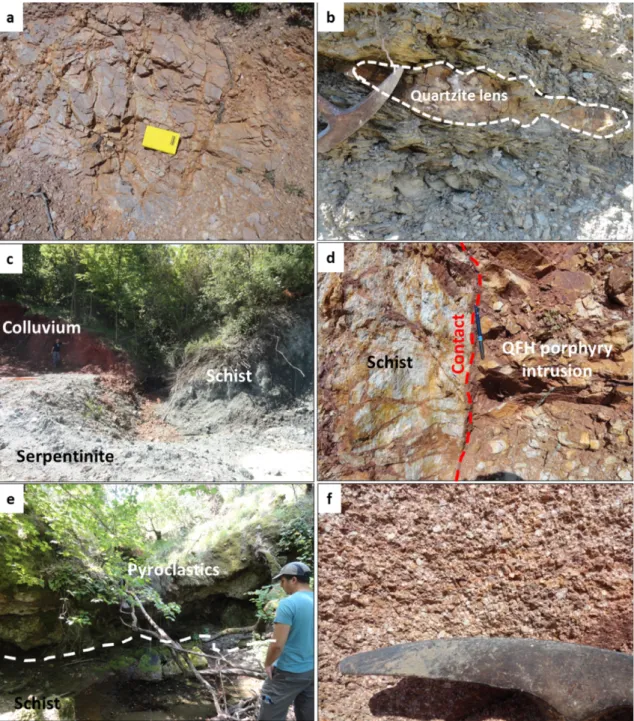 Fig. 4. (a) An outcrop of biotite ± quartz schist (481076m E, 4462556m N, Zone 35N). (b) A quartzite lens parallel to the foliation of the schist