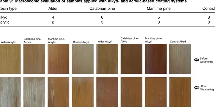 Table 9: Macroscopic evaluation of samples applied with alkyd- and acrylic-based coating systems