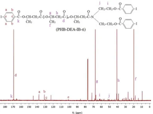Fig. 3    13 C NMR spectrum of the iodinated PHB sample containing 4-iodobenzoyl groups (PHB-DEA-