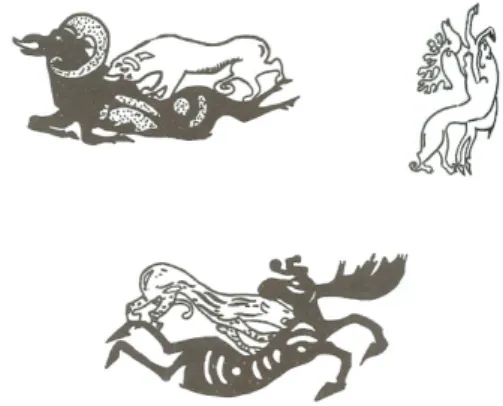 Şekil 4: Altay Hun çağı kurganlarında bulu- bulu-nan ağaçtan yapılmış figürler
