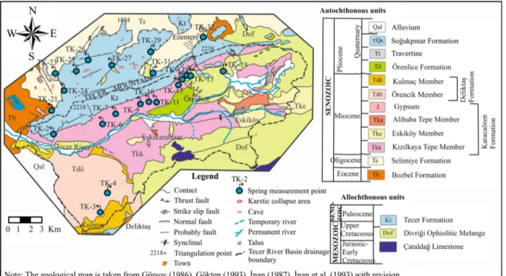 Fig. 2 Geological–hydrogeology map of the Tecer Mountain (Sivas) study area and its vicinity (The geological maps are taken from Gu¨rsoy