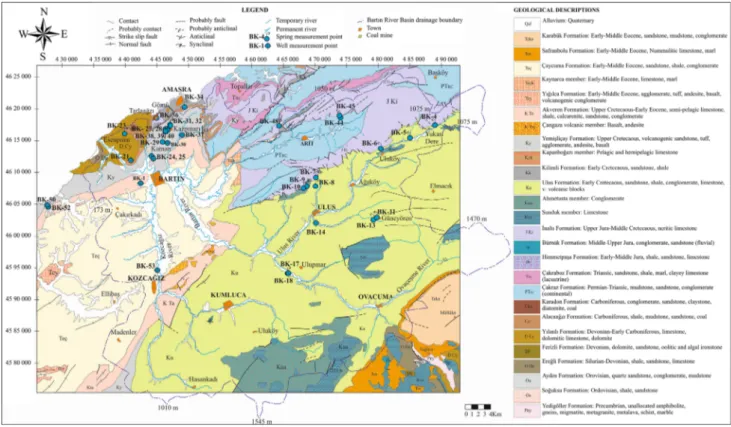 Fig. 6 Geological–hydrogeology map of the Bartın study area and its vicinity (The geological maps are taken from Akbas¸ et al