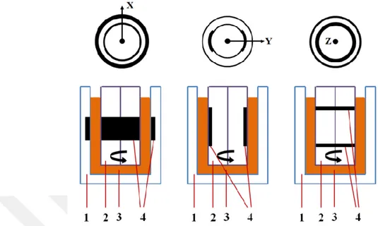 Şekil 3.23. Koaksiyal küvette X, Y ve Z yönlerinde elektrotların şeması 1 - sabit parça, 2 - dönen  kısım, 3 - liyotropik sistem, 4 - elektrotlar (Özden, 2017) 