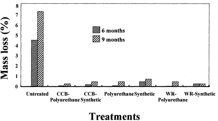 Fig. 7.  Mass loss of coated and noncoated Scots pine panels exposed to weathering 